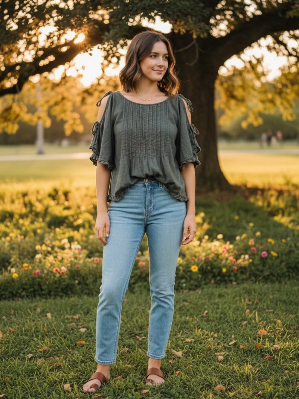 Free People Olive Green Ruffle Tie Sleeve Boho Blouse Top Medium
